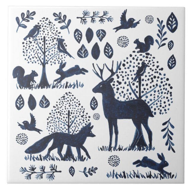 Modern Blue & White Woodland Animal Fox Rabbit Kakelplatta (Framsidan)