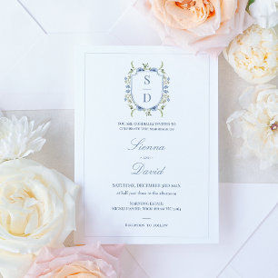 Modern Blue Wildblommor Monogram Vapensköld Bröllo Inbjudningar