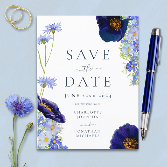 Modern Blue Wildblommor Watercolor Bröllop Inbjudan Vykort (Modern blue floral save the date wedding budget invitation postcard with watercolor wildflowers )