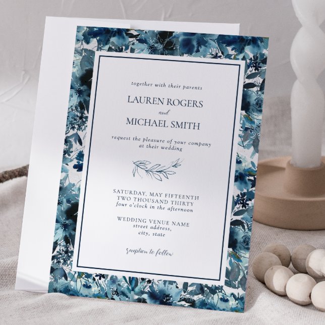 Modern Blue Winter Botanical Watercolor Bröllop Inbjudningar (Winter Wedding Invitation)