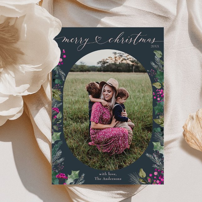 Modern Blue Winter Botanicals 1 Fotojul Julkort (Skapare uppladdad)