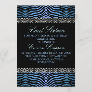 Modern Blue Zebra tryck Sweet16 Birthday inbjudan