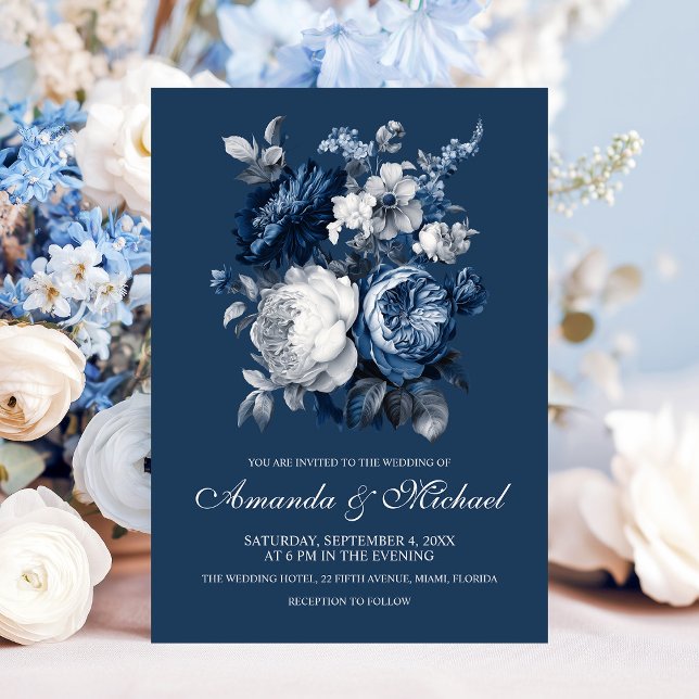 Modern Blues & Grått Blommigt Bröllop Inbjudningar (Modern Blues & Gray Floral Wedding Invitation)