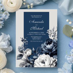 Modern Blues & Grått Blommigt Bröllop Inbjudningar