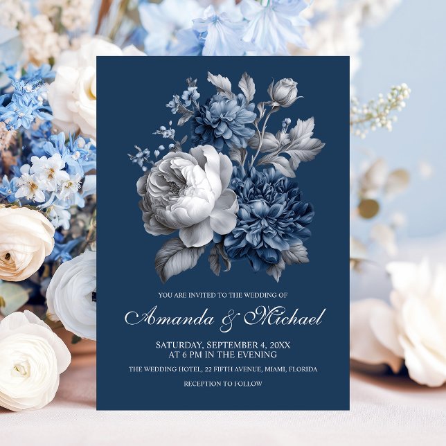 Modern Blues & Grått Blommigt Bröllop Inbjudningar (Modern Blues & Gray Floral Wedding Invitation)