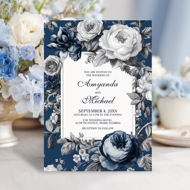 Modern Blues & Grått Blommigt Bröllop Inbjudningar (Modern Blues & Gray Floral Wedding Invitation)