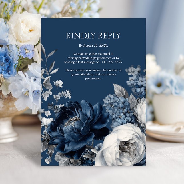 Modern Blues & Grått Blommigt Bröllop OSA Kort (Modern Blues & Gray Floral Wedding RSVP Card)