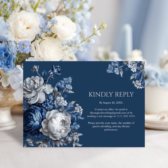 Modern Blues & Grått Blommigt Bröllop OSA Kort (Modern Blues & Gray Floral Wedding RSVP Card)
