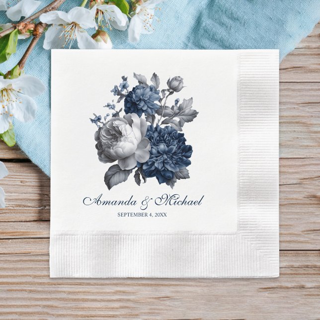 Modern Blues & Grått Blommigt Bröllop Pappersservett (Modern Blues & Gray Floral Wedding Napkins)