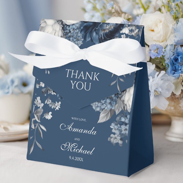 Modern Blues & Grått Blommigt Bröllop Presentaskar (Modern Blues & Gray Floral Wedding Favor Boxes)
