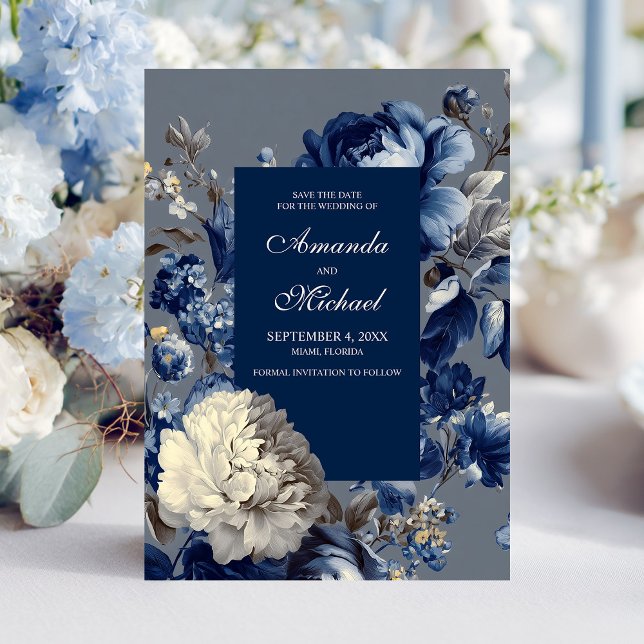 Modern Blues & Grått Blommigt Bröllop Spara Datumet (Modern Blues & Gray Floral Wedding Save The Date)