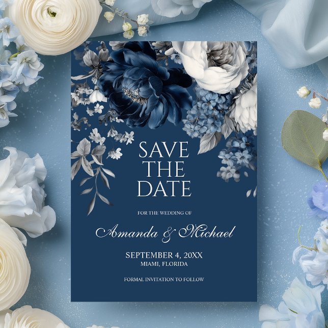 Modern Blues & Grått Blommigt Bröllop Spara Datumet (Modern Blues & Gray Floral Wedding Save The Date)