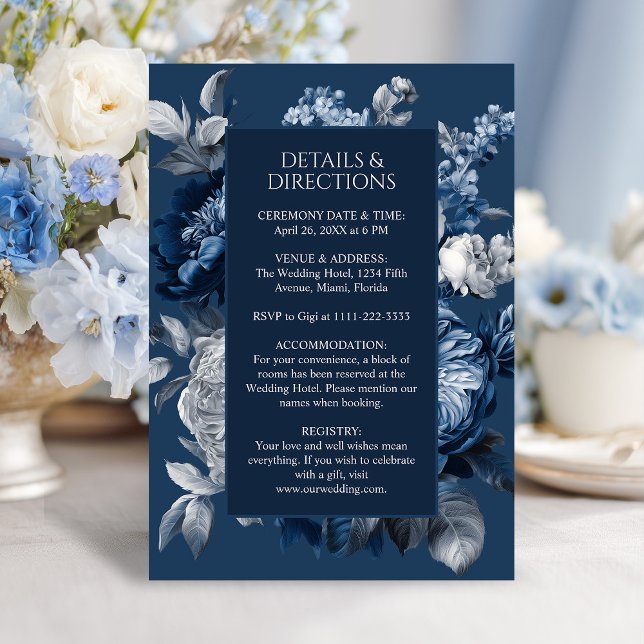 Modern Blues & Grått Blommigt Bröllop Tilläggskort (Modern Blues & Gray Floral Wedding Enclosure Card)