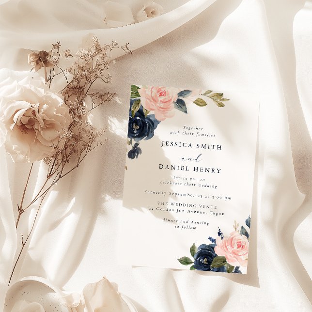 Modern Blush and Navy Florals Wedding Inbjudningar (Skapare uppladdad)