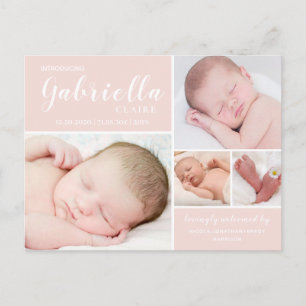 Modern Blush Babyflicka Födelse Annonsering Postko Vykort