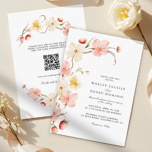 Modern Blush Blommig QR-kod Allt-i-ett Bröllop Inbjudningar