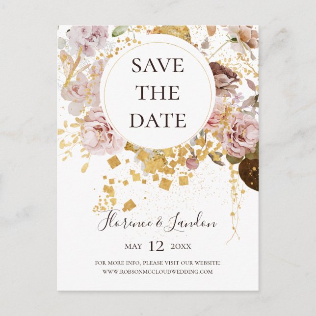 Modern Blush Blommig | Save The Date Postkort Inbjudan Vykort (Framsida)