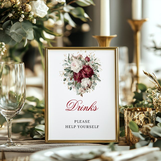 Modern Blush Burgundy Dryckesskylt med Grönska Poster (Modern Blush Burgundy Drinks Sign with Greenery)