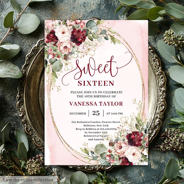 Modern Blush Burgundy Gold Floral Sweet Sixteen  Inbjudningar (Modern Blush Burgundy Gold Floral Sweet Sixteen Invite

)