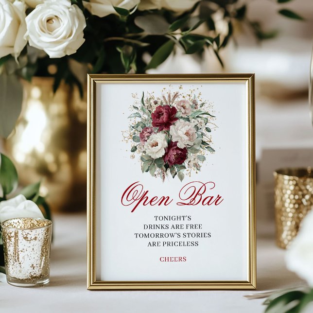 Modern Blush Burgundy Öppen Bar Bröllopsskylt Poster (Modern Blush Burgundy Open Bar Wedding Sign)