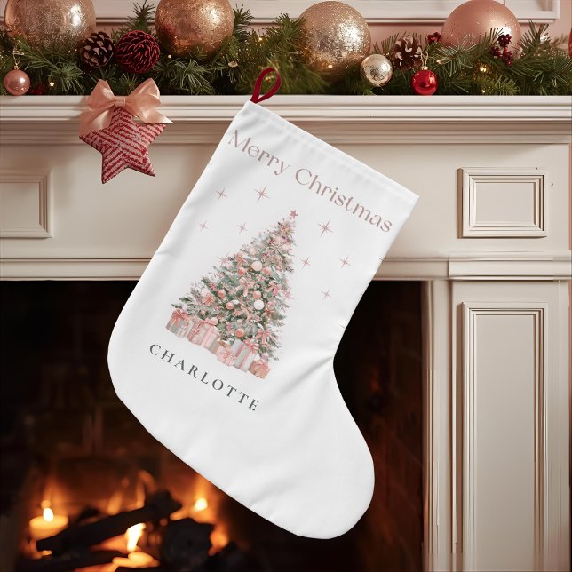 Modern Blush Christmas Tree Personalized Stocking Stor Julstrumpa (Skapare uppladdad)