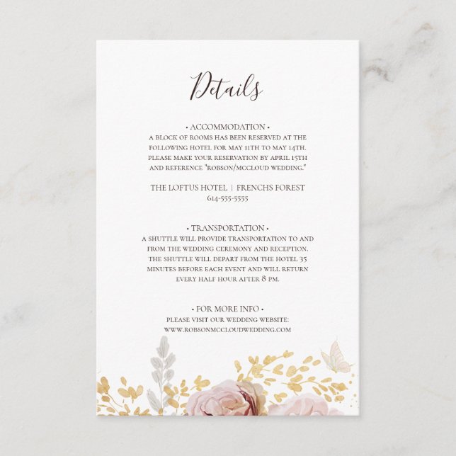 Modern Blush Floral | Detaljer Införingskort Tilläggskort (Framsida)