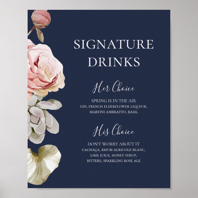 Modern Blush Floral | Marinblå Signaturdrycker Poster (Framsidan)