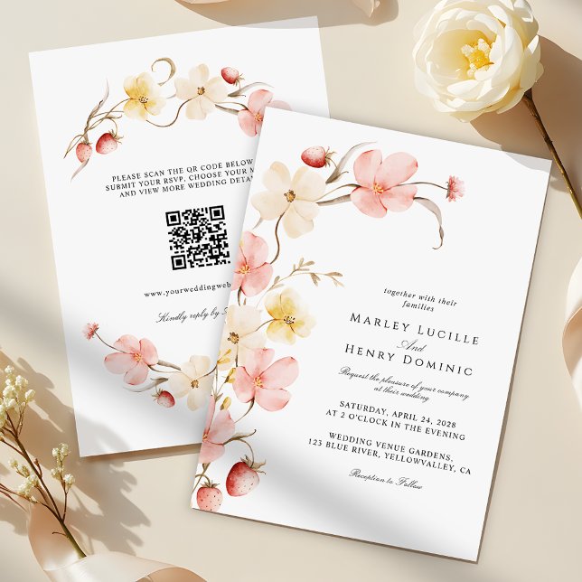 Modern Blush Floral QR Code All In One Wedding Inbjudningar (Skapare uppladdad)