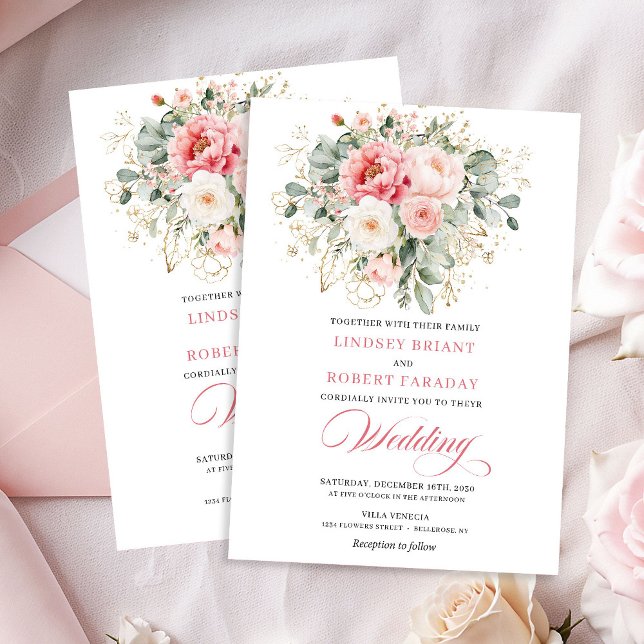 Modern Blush Greenery Guld Bröllopsinbjudan Inbjudningar (Modern Blush Greenery Gold Wedding Invite)
