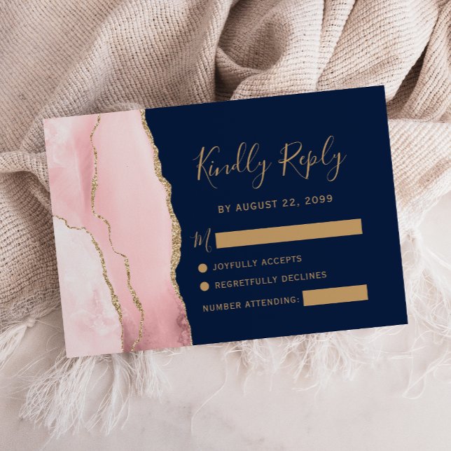 Modern Blush Guld Agat Navyblå Bröllop OSA Kort (Skapare uppladdad)