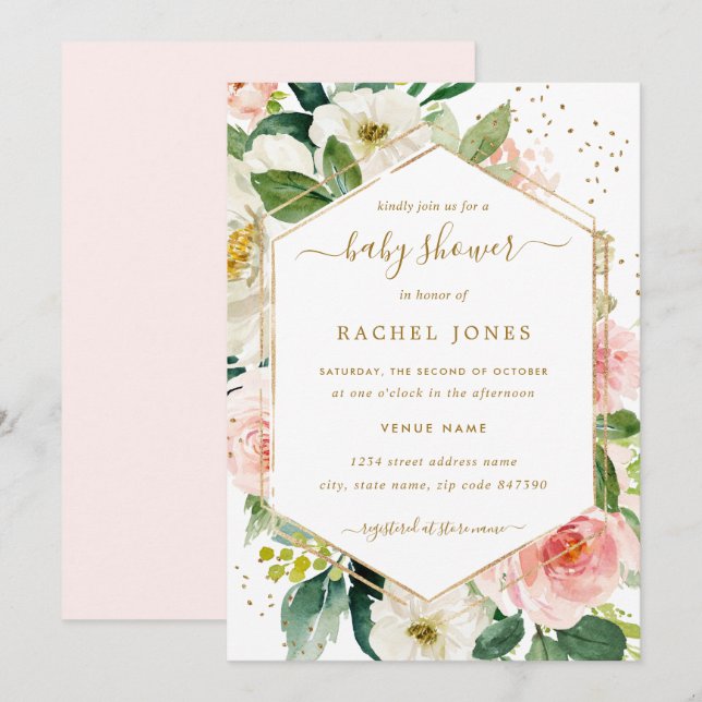 Modern Blush Guld Blommig Baby Shower Inbjudningar (Fram/baksida)