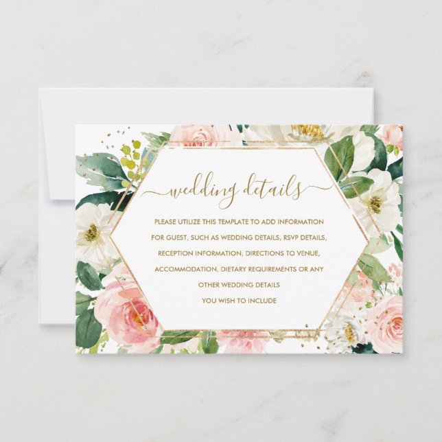 Modern Blush Guld Blommig Bröllopsdetaljkort OSA Kort (Framsida)