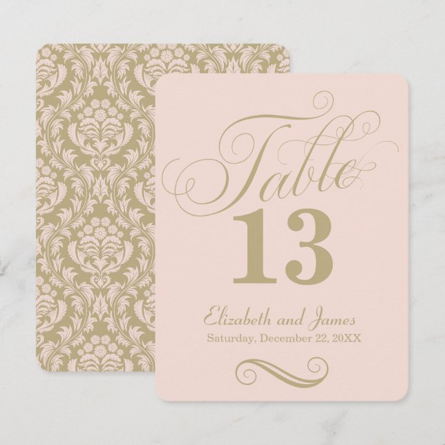 Modern Blush Guld Script Bröllops Bordnummer Inbjudningar (Fram/baksida)