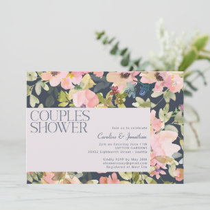 Modern Blush Navy Akvarell Blommig Par Bröllopsdus Inbjudningar
