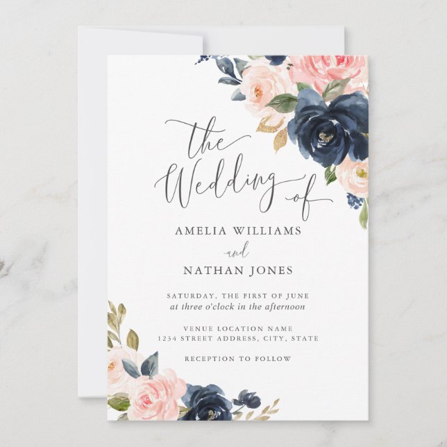 Modern Blush Navy Blommig Bröllop Inbjudningar (Framsida)