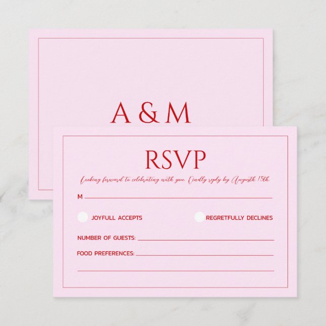 Modern blush pink and red minimalist wedding OSA kort (Fram/baksida)