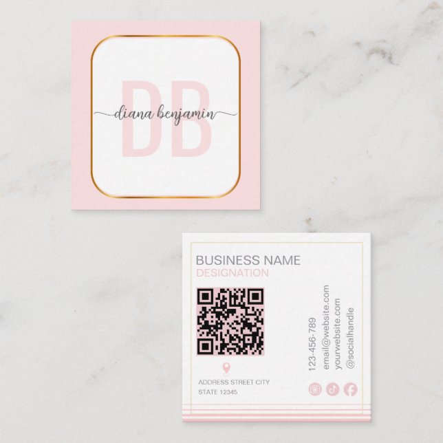 Modern blush pink and white Gold monogram Qr Code Fyrkantigt Visitkort (Fram/baksida)