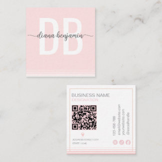 Modern blush pink and white monogram Qr Code Fyrkantigt Visitkort