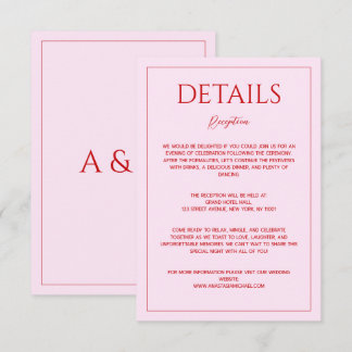 Modern blush pink red minimalist wedding details tilläggskort