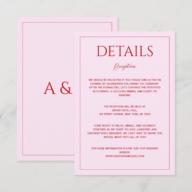 Modern blush pink red minimalist wedding details tilläggskort (Fram/baksida)