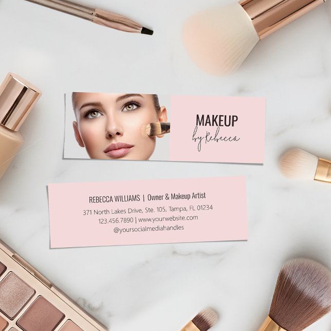 Modern Blush Pink Script Font Makeup Artist Photo Mini Visitkort (Modern blush pink design with script typography and customizable photo for makeup businesses)