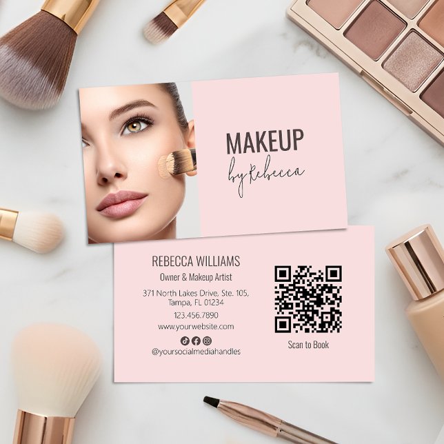 Modern Blush Pink Script Font QR Code Photo Makeup Visitkort (Modern blush pink with photo and QR code - ideal for makeup artists and beauty businesses)