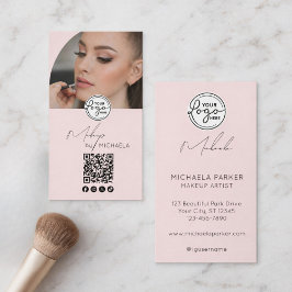 Modern Blush Pink Script Logo QR Code Photo Makeup Visitkort