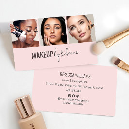 Modern Blush Pink Social Icons 3 Photo Makeup Visitkort