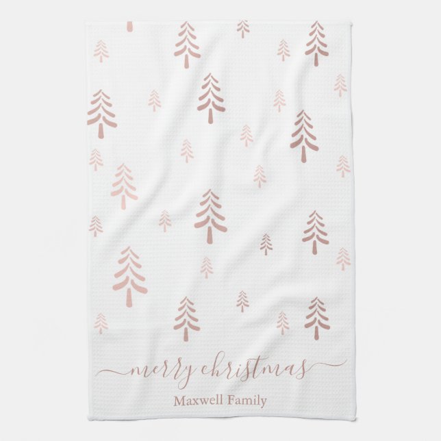 Modern blush pink white merry christmas trees name kökshandduk (Vertikal)