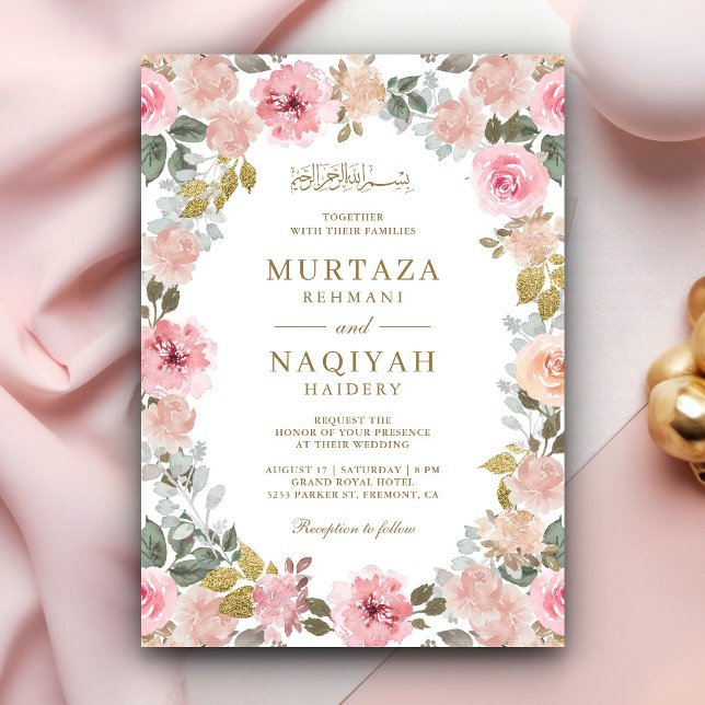 Modern Blush Rosa Blommig Islamisk Muslimsk Bröllo Inbjudningar (Skapare uppladdad)