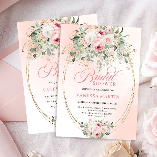 Modern Blush Rosa Bröllopsdusch Guld Inbjudan (Modern Blush Pink Bridal Shower Gold Invitation)