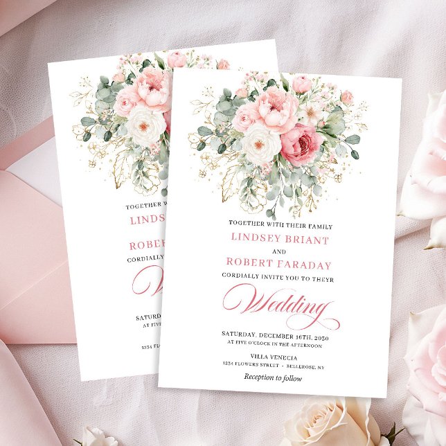 Modern Blush Roses Gold Frame Wedding Invitation Inbjudningar (Modern Blush Roses Gold Frame Wedding Invitation)
