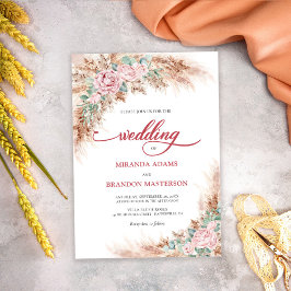 Modern Blush Roses Pampas Grass Floral Wedding Inbjudningar