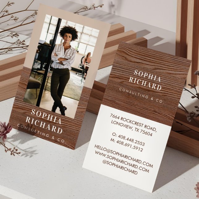 Modern Blush & Trä Chic Lyx Professional Foto Visitkort (Modern Woodgrain Professional Business Photo Business Card)